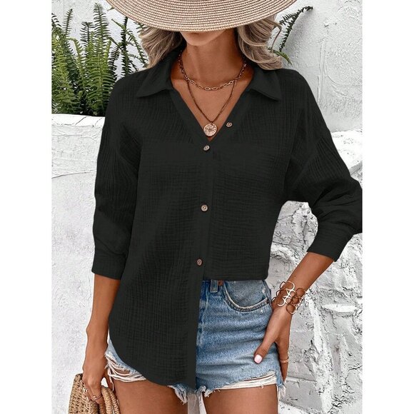 100% cotton button down shirt boho textured blouse black - Picture 1 of 7